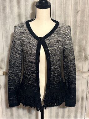 Ruby Rd. Black and Gray Ombre Fringe Button Cardigan